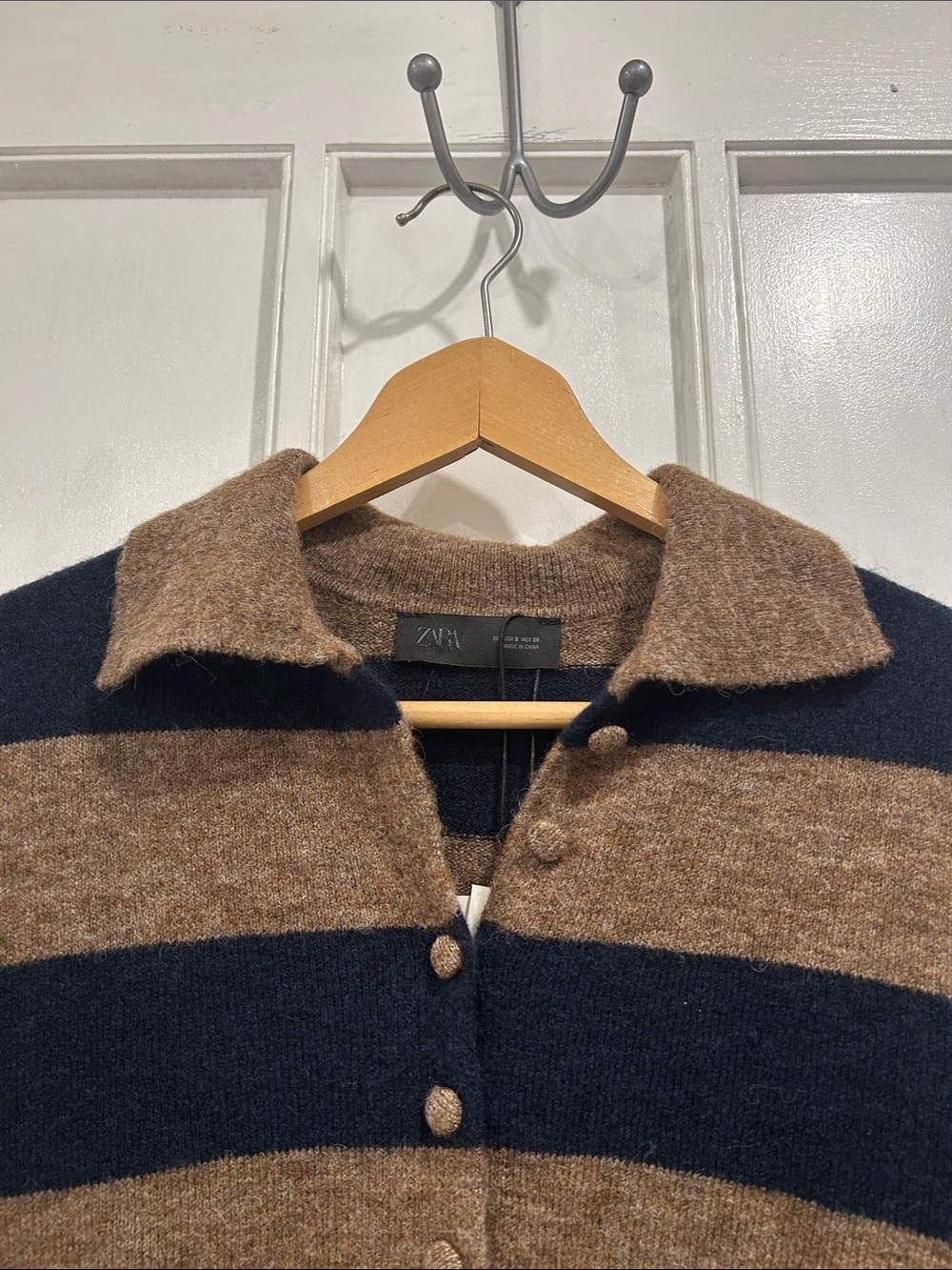 NWT Zara Wool Alpaca Blend Navy Brown Collared Button Front Cardigan Sweater S - Picture 4 of 10